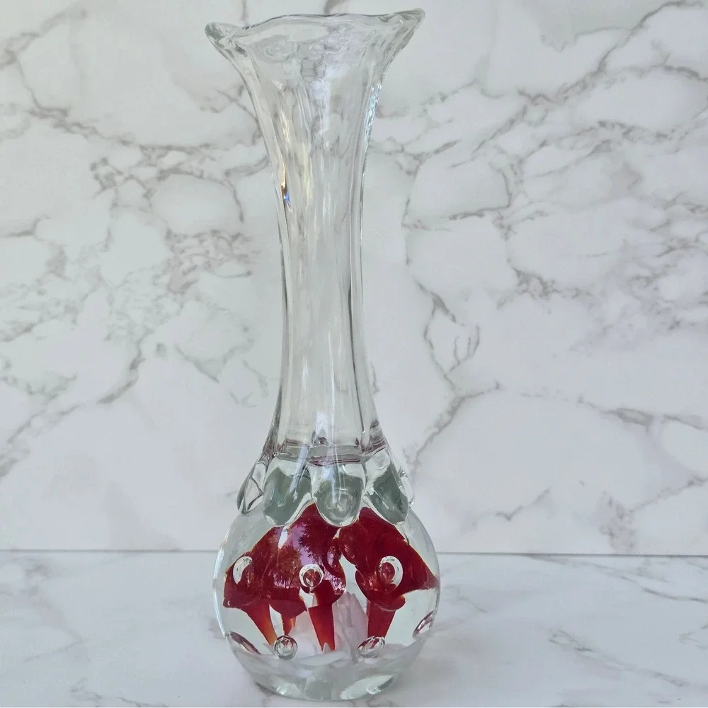 Vintage Paperweight Base Bud Vase  Art Glass Red White Flower Ruffled Rim 7.5 in